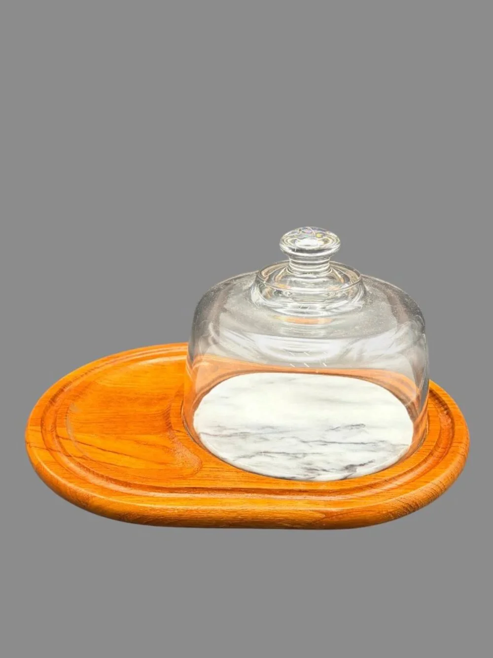 Vintage Teak Wood Cheese Board Glass Dome Marble Insert Serving Tray MCM